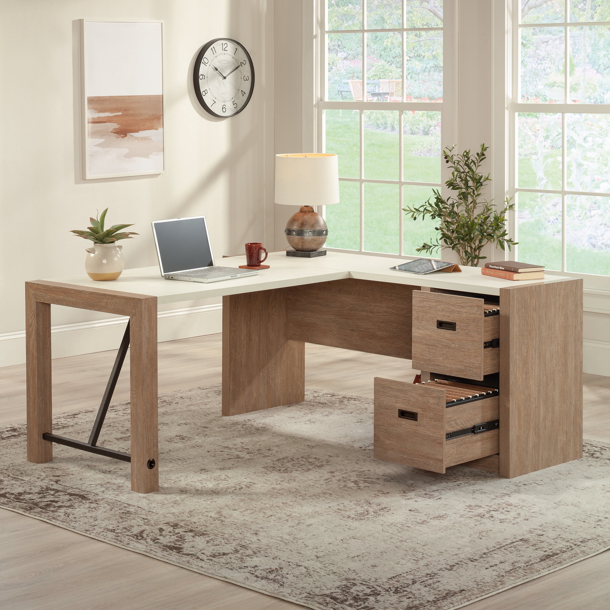 Sauder Dixon City® 66"W L-Shaped Computer Desk With Drawers, Brushed Oak™/Pebble White™