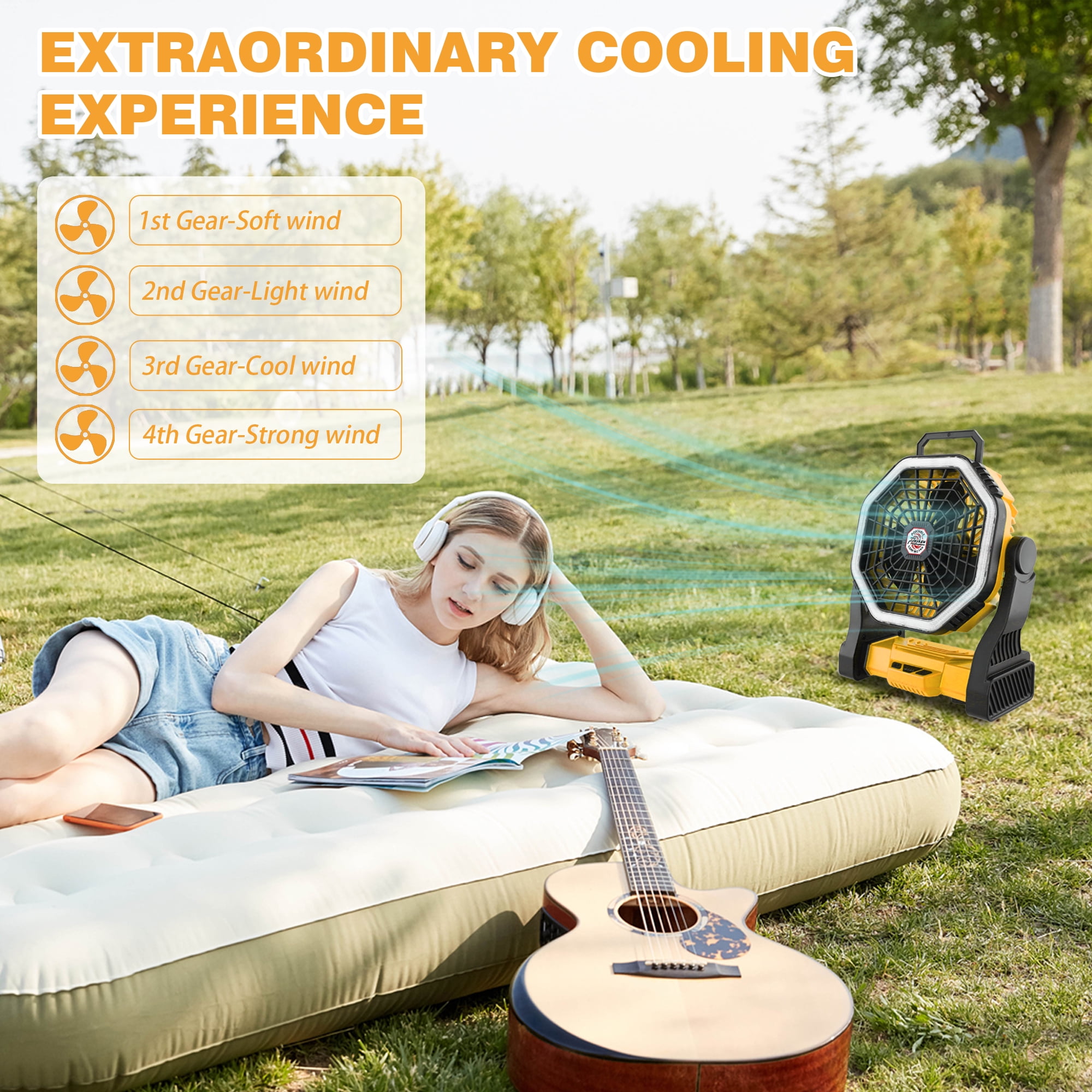 Roykaw Portable Fan for Travel, 10400 mAH Rechargeable Camping Fan, Cordless Battery Powered Fan with Led Light, Battery Fan with Handle, for Tent, Fishing, Hurricane Fan for Bedroom, Yellow