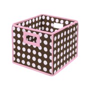 Folding Nursery Basket/Storage Cube - Brown Polka Dot/Pink Trim