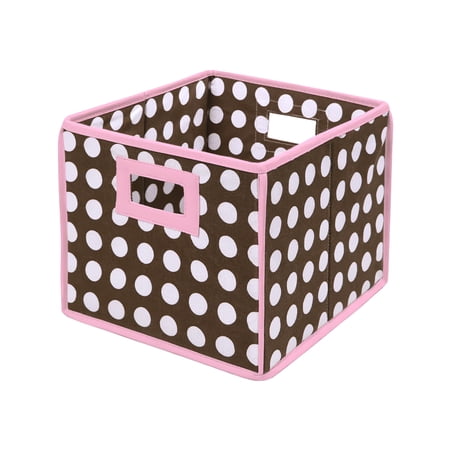 Folding Nursery Basket/Storage Cube - Brown Polka Dot/Pink Trim