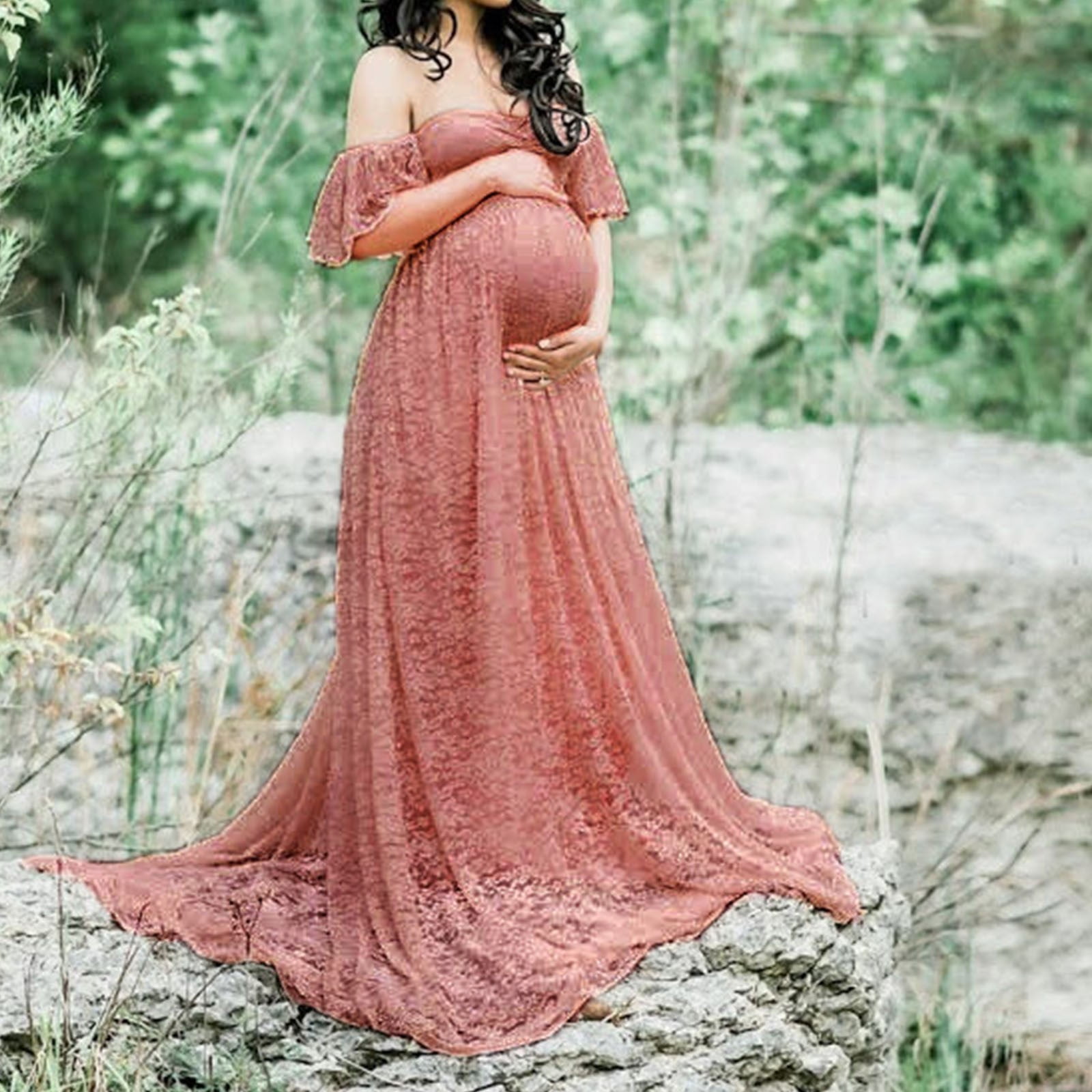 cute maternity dresses Off-Shoulder Sheer Double Skirt Maternity Dress main image 1