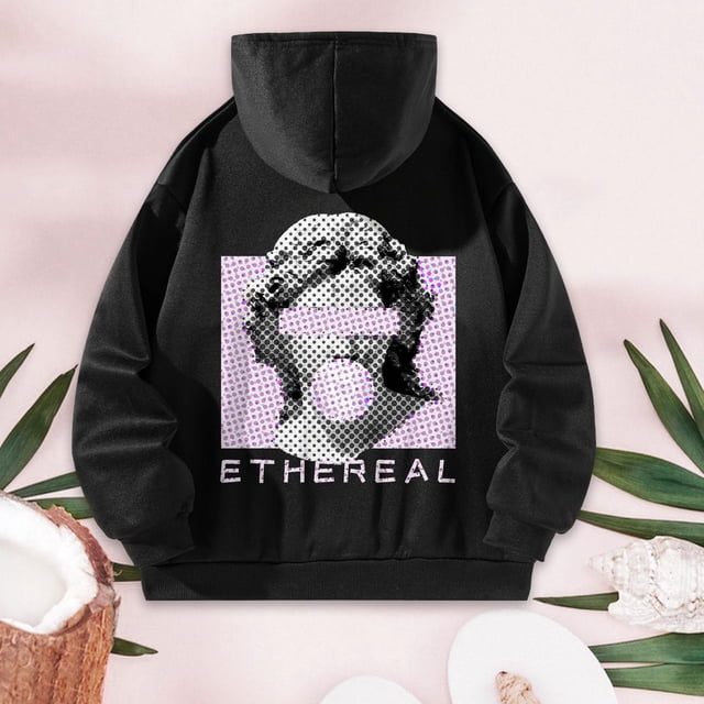 Sudadera con capucha para mujer, Sudadera con capucha, estampado gráfico en la espalda, Sudadera con capucha de manga larga, jersey para vacaciones, , negro, xxl