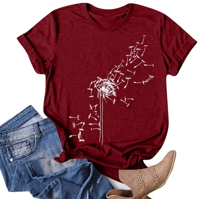 T-shirts d'Été pour Femmes à Col Rond, T-Shirt Imprimé Pissenlit, T-Shirt Décontracté à Manches Courtes, Hauts pour Femmes, Chemisiers, Chandail