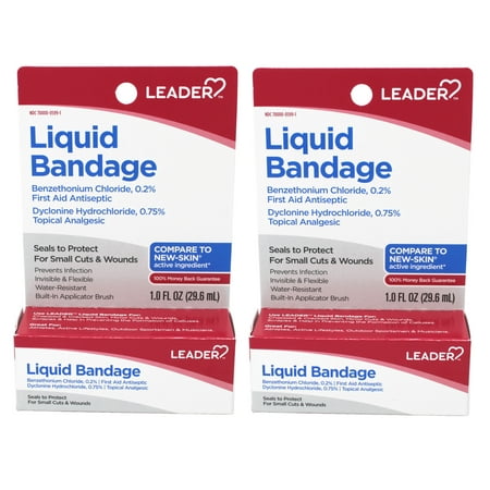 Leader Liquid Bandage with Benzethonium Chloride 0.2% , First Aid Antiseptic, Seals to Protect, for Small Cuts & Wounds, 1 fl oz - 2 Pack