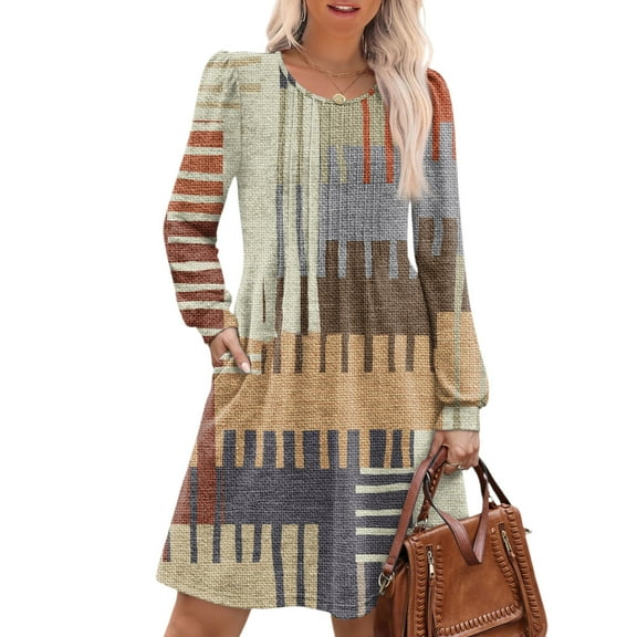 CharmCyan Women's Long Sleeve Pleated Round Neck Plaid Stripe Print Casual Dress With Pockets Beige L