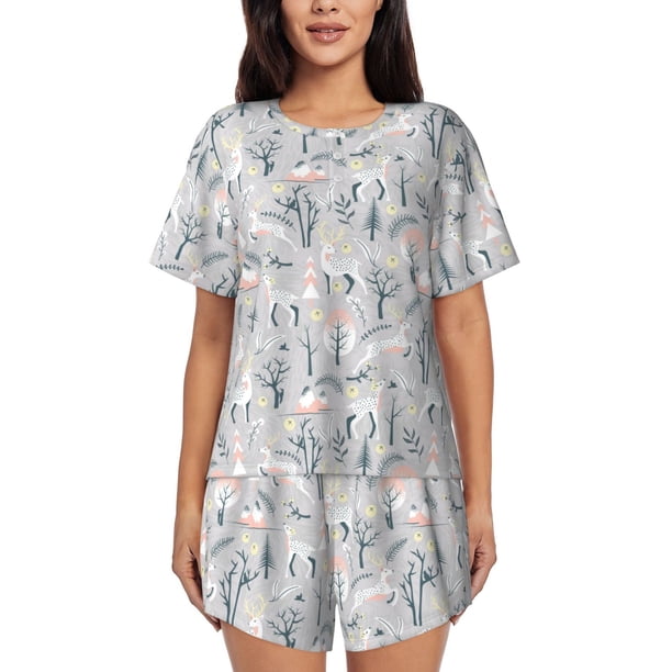 Balery white Moose winter tree Conjunto de Pijama para Mujer con Estampado, Dos Piezas de Manga Corta y Shorts, Ropa de Dormir Suave con Cuello Redondo y Bolsillos-4X-Large