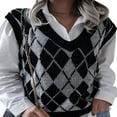 thumbnail image 4 of FNNMNNR Women Casual Sleeveless Argyle Printed V-Neck Oversize Sweater Vest Y2K 90s Color Block Knit Pullover Tops Red S, 4 of 7