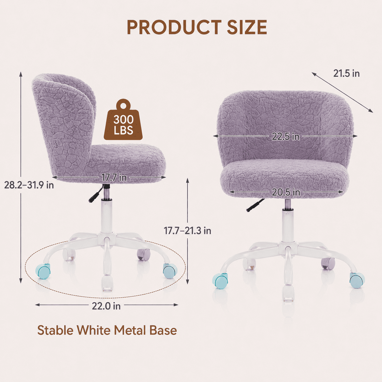 PAPROOS Vanity Chair with Wheels, Home Office Chair, Cute Makeup Desk Chair with Artificial Alpaca Wool Fabric, Adjustable Swivel Task Computer Chair for Bedroom, Violet