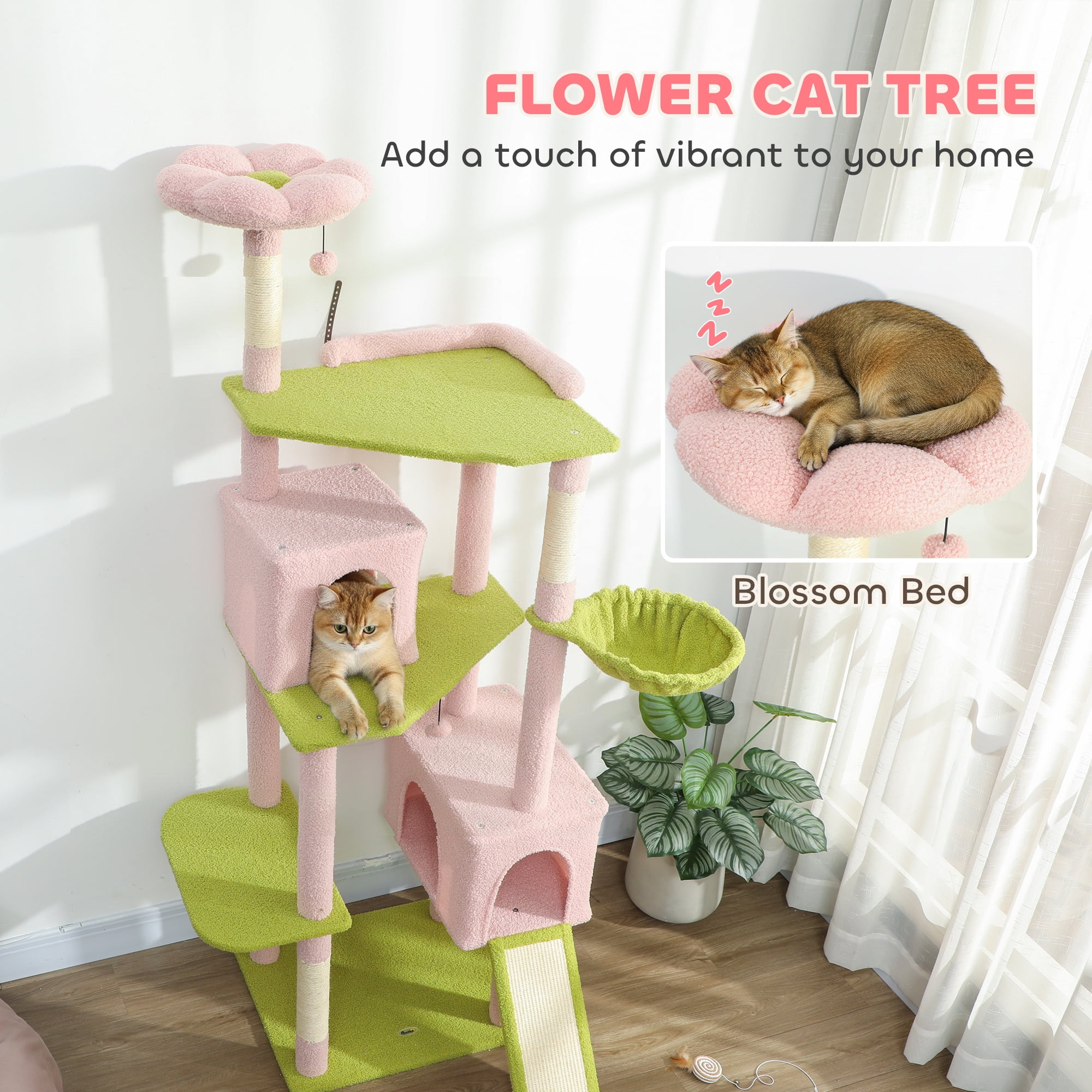 PawHut 74" Flower Cat Tree, Large Cat Tower Metal Frame Hammock, Scratcher Ramp, 3 Sisal Scratching Posts, 2 Condos, Perches, for Indoor Kittens, Pink