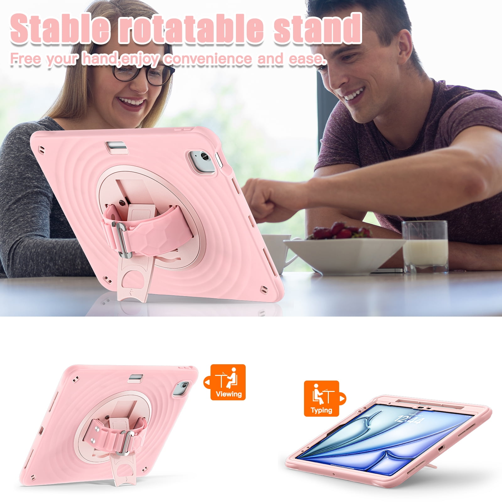 for iPad Air 13" 2025/2024 Case, Durable Sturdy Protection Case with Rotation Stand, Portable Hand Strap and Shoulder Strap Pencil Holder, Heavy Duty Shockproof Anti-Drop Cover, Pink