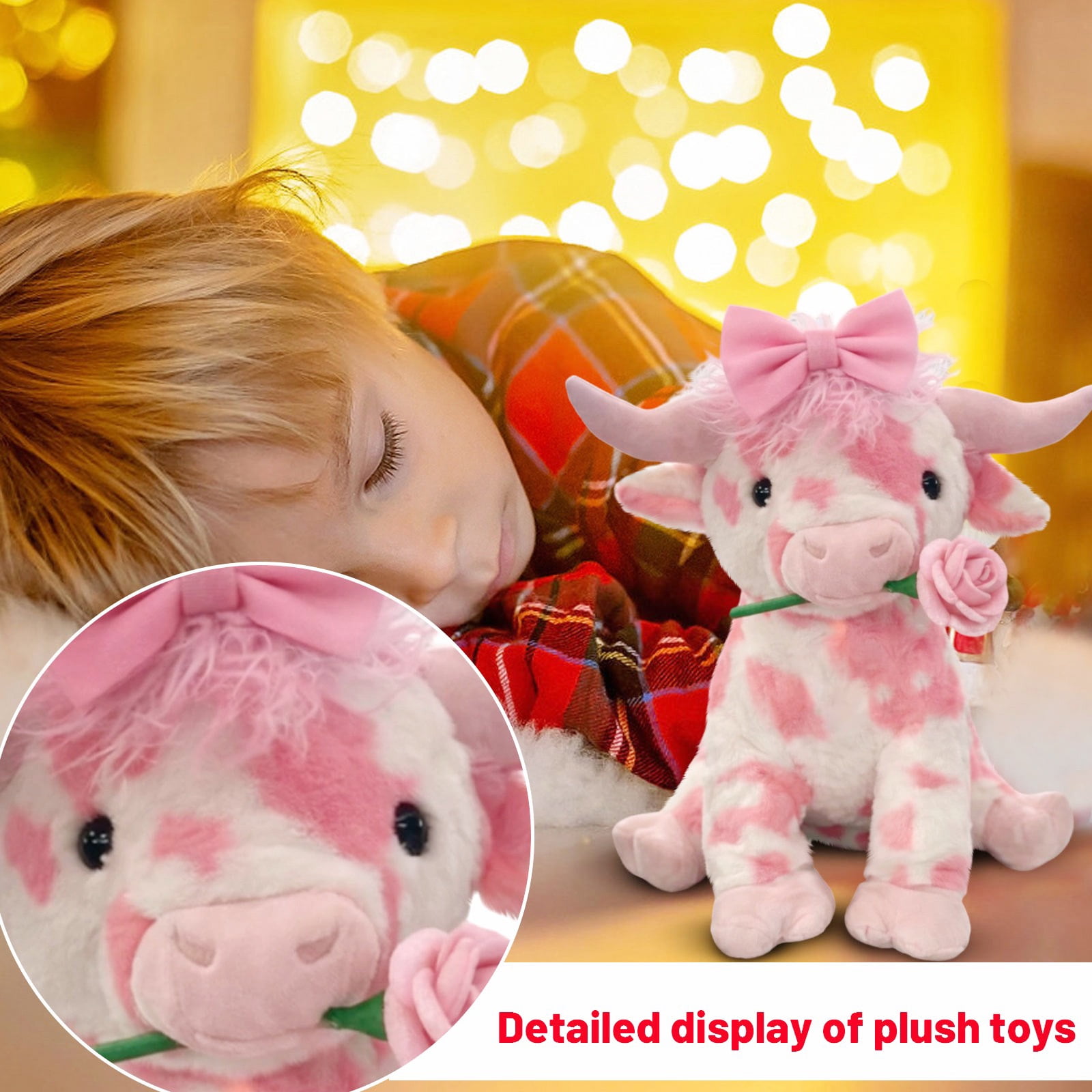 14inch Kawaii Pink Cow with Rose Stuffed Animals Plush Toy, Soft Plush Doll, Perfect Birthday Christmas Valentines Anniversary Easter Holiday Gifts, Easter Basket Stuffers