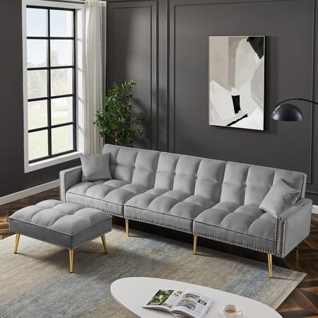 paproos Convertible Futon Sofa Bed, 107-inch Modern Tufted Velvet Sleeper Sofa Couch Oversized Loveseat Sofa w/3 Adjustable Positions, Sofa Bed with 12 Metal Legs for Living Room Bedroom Office, Gray