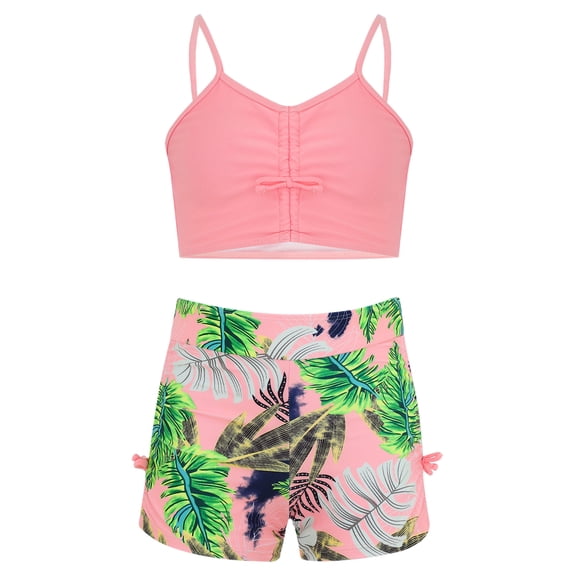 iiniim Girls 2Pcs Swim Top with Floral Print Swimming Shorts Swimsuit Athletic Summer Beachwear Pink 7-8