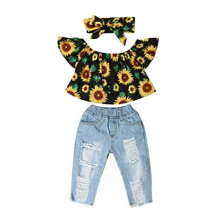 

AMILIEe Toddler Girls Fashion Outfit Sunflower Top + Light Colored Ripped Jeans + Floral Headband