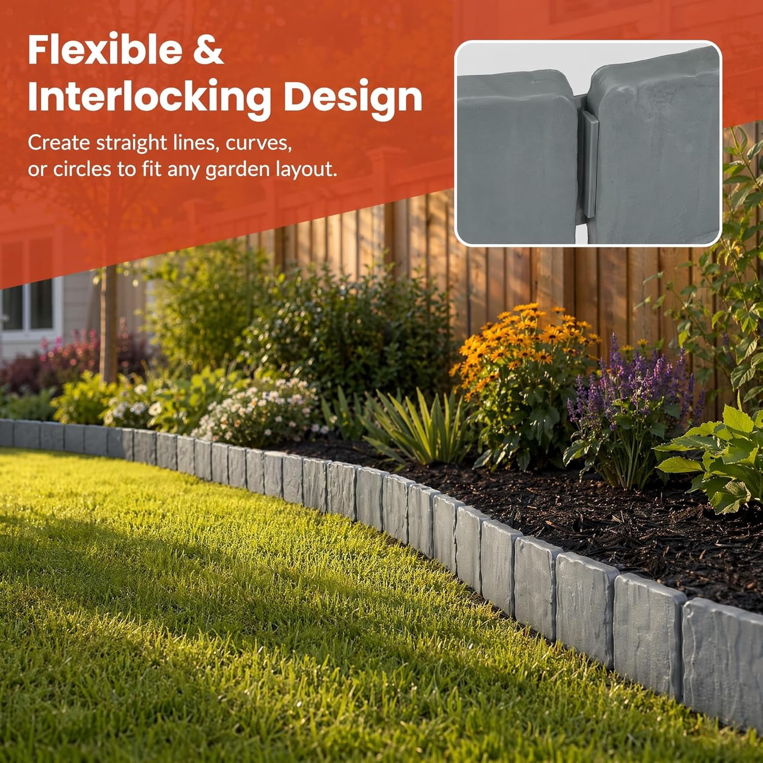 Imitation Stone Garden Fence - DIY Garden Edging Border, Decorative Landscape Edging Interlocking Plastic Lawn for Flower Bed, Pathway, DIY Outdoor Yard Decor, Weather Resistant (10, Brick Red)