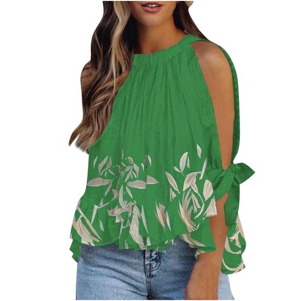 Blusa corta con volantes y cuello redondo con mangas divididas y estampado de plantas para mujer a la moda Pompotops FGAJ2947