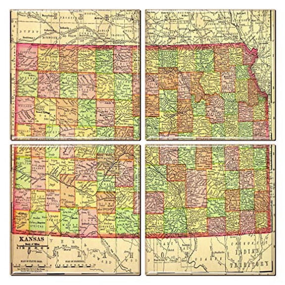Kansas Coaster of Vintage Map (Set of 4)
