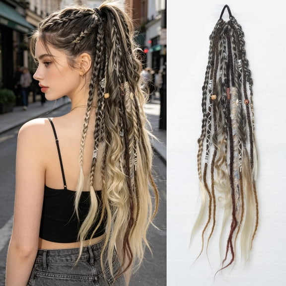 XmhyTop Long Beaded Hand-Braided Synthetic Ponytail Hairpiece 24", Nordic Style Twisted Locs Extension With Integrated Elastic Band For Women Daily Looks, Blonde