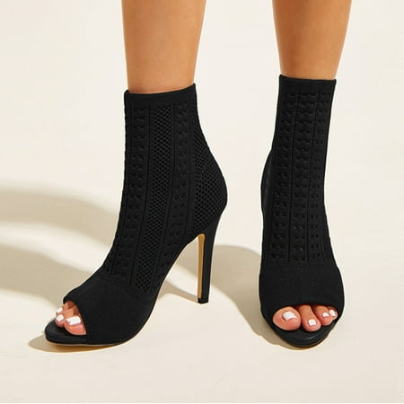 

LnjYIGJ High Heels Shoes Women s Comfortable Sexy Knitted Open Toe Fish Mouth High Heel Socks Boots Sandals