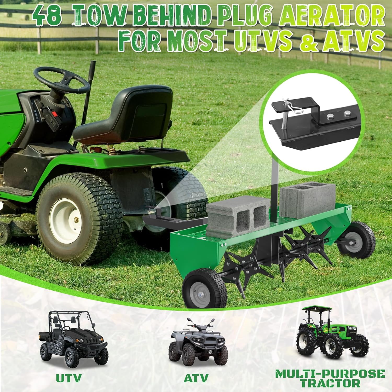 48" Lawn Aerator Tow Behind for Plug Aerating W/Universal Hitch for Lawn &Garden