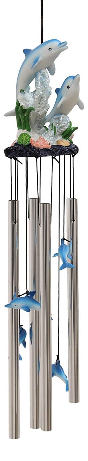 Ebros Nautical Marine Dolphin Family Swimming by Coral Reef Wind Chime 21" Long