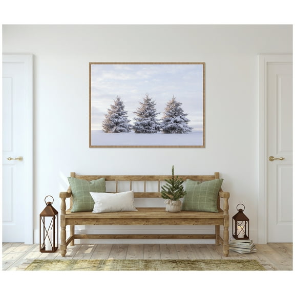Kate and Laurel Framed Canvas Wall Art Print 'Snowy Pine Trees' by Stephanie Klatt, 38 x 28 Sylvie Beaded Rustic Natural Frame, Rustic Farmhouse, Landscape Art for Wall Decor