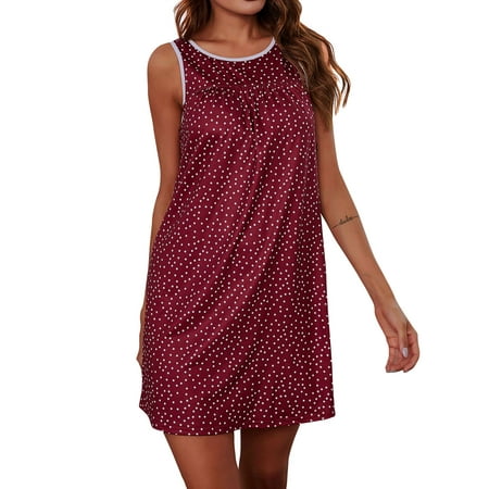 

STARVNC Women Round Neck Sleeveless Polka Dots Printed Sleep Dress Pajama
