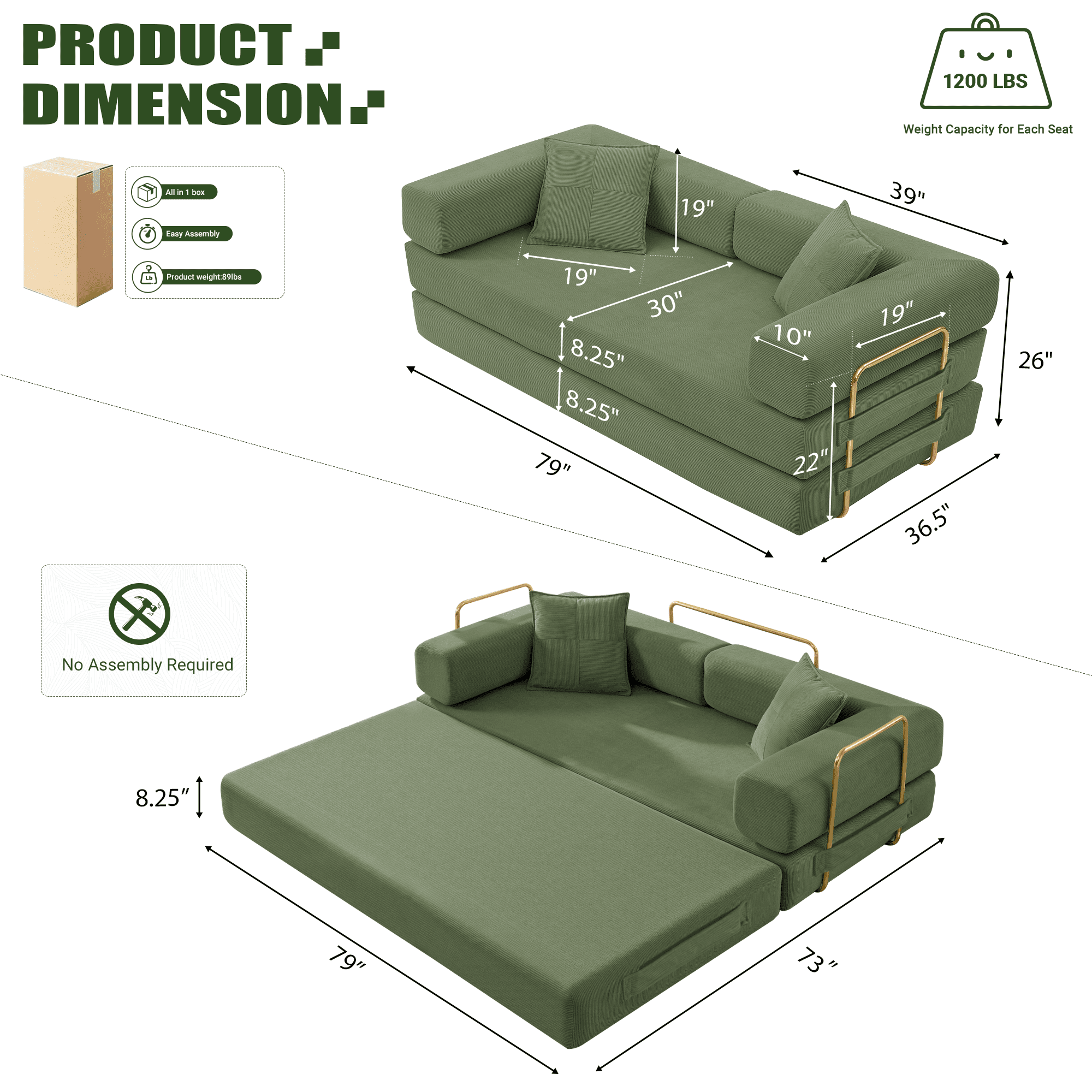 Vanress 79" Convertible Sofa Bed, Folding Sleeper Sofa Couch Bed with Fixed-Shape Frame, Fold Out Sleeper Loveseat, Corduroy Boneless Futon Bed, No Assembly Required for Living Room & Bedroom, Green