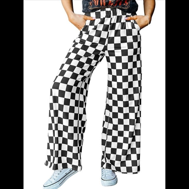 Pantalones Casuales A Cuadros para Mujer, Cintura Elástica, Cómodos, Holgados, de Pierna y con Bolsillos Negro M