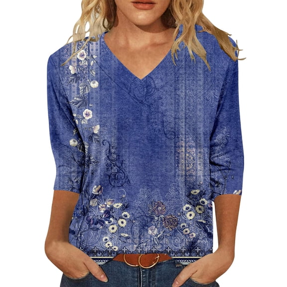 yunLCZ Womens Long Sleeve Shirts Womens Tops 3/4 Length Sleeve Summer V Neck Shirts Casual Tunic Tops 2025 Womens Long Sleeve Shirts