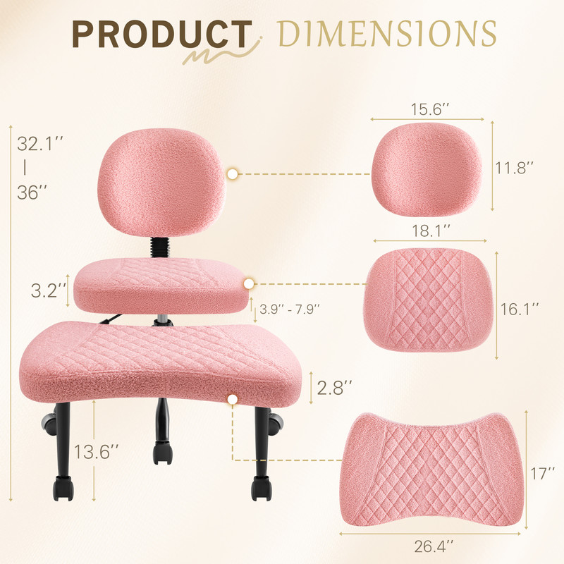 Homall Ergonomic Cross Legged Chair,360°Swivel Wheels, Height Adjustable Ergonomic Kneeling Desk Chairs for ADHD,Meditation ,Yoga and Home Office with Strong Lumbar Support,Teddy Fabric,Pink