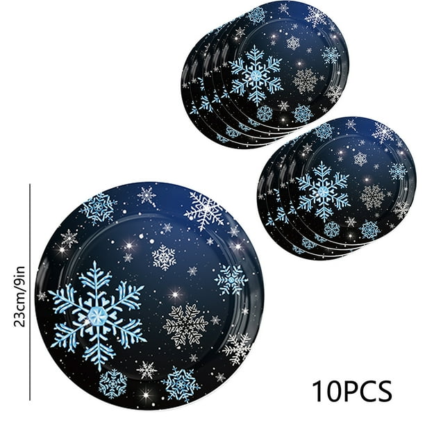 Adornos navideños, platos, servilletas y vajilla de papel con copos de nieve negros, vajilla de fiesta de invierno con copos de nieve, vajilla de papel para fiestas de cumpleaños.