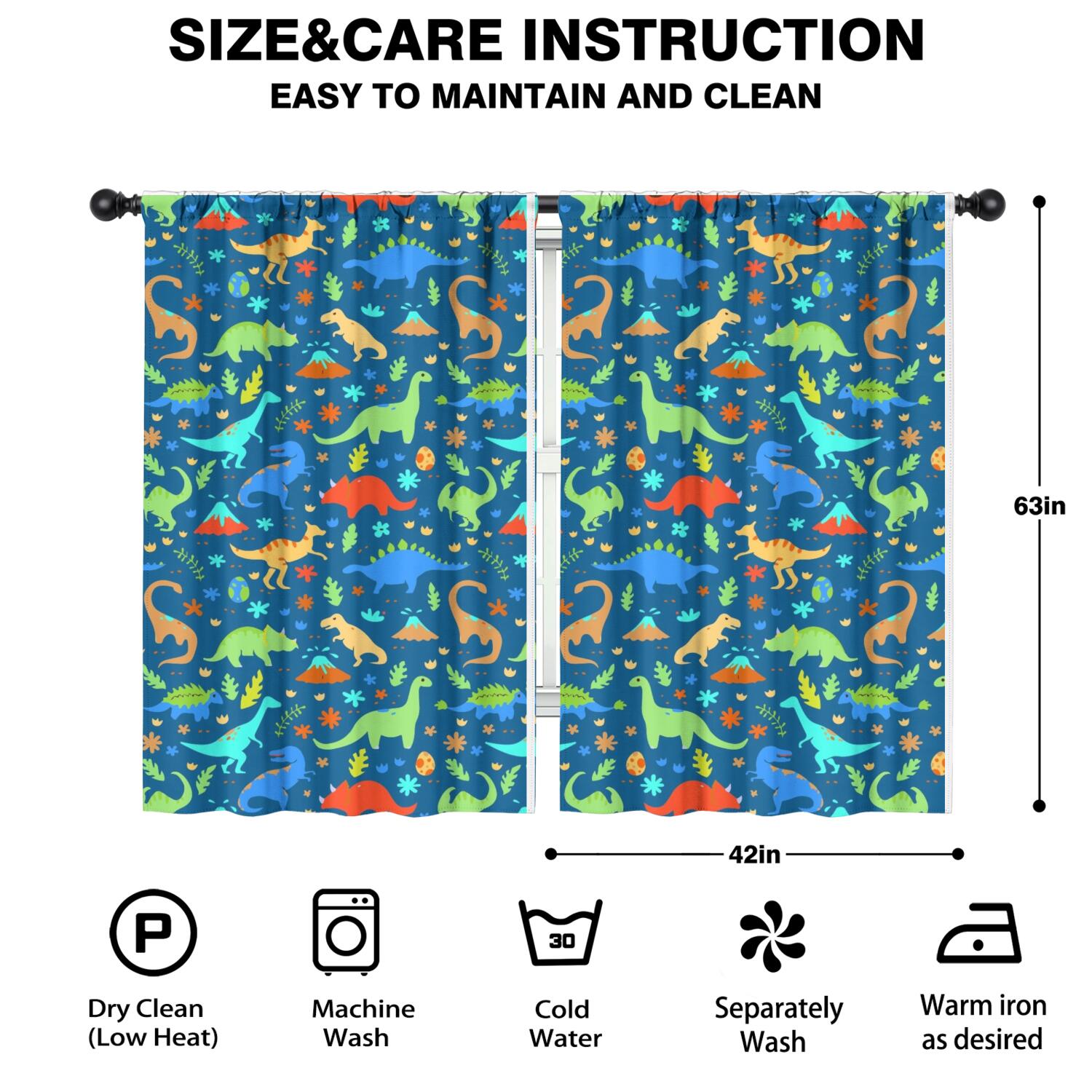 Funny Window Curtains for Kids Room - 42Wx63H Inch 2 Panels, Rod Pocket Colorful Cartoon Dinosaur Patterns for Boys Bedroom Decor Preschool Classroom Curtains Playroom Living Room Window Drapes