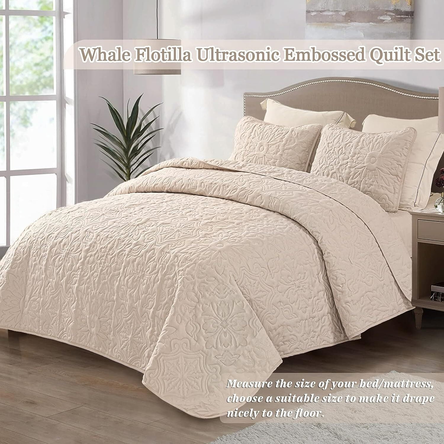 Whale Flotilla 3-Piece King Quilt Set, Soft Embossed Bedding Set, Lightweight Bedspread Coverlet with Damask Vintage Pattern, Reversible Bed Cover for All Seasons, Brich Beige