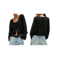 thumbnail image 3 of Women Tie Front Long Sleeve Top Lace Trim Button Shirt Square Neck Loose Blouse Going Out Y2k Clothes Black M, 3 of 9