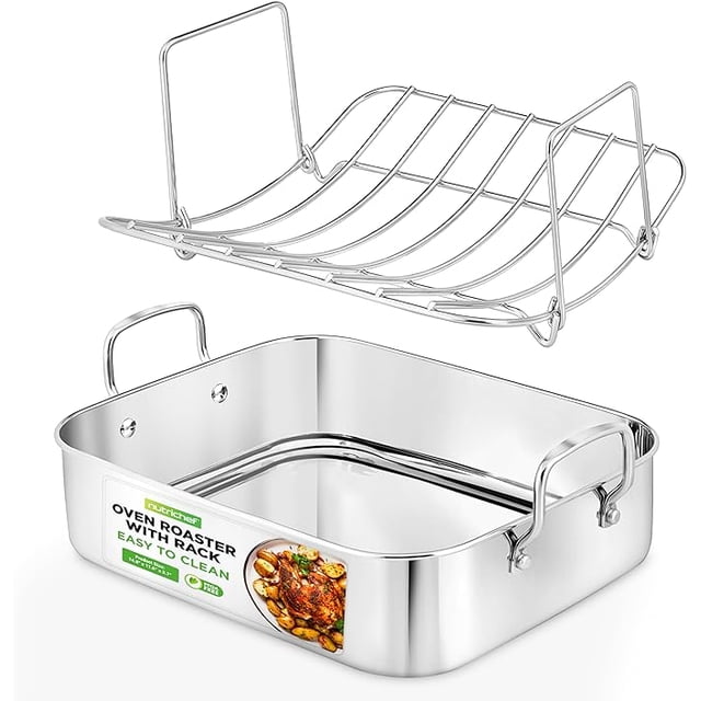 NutriChef Stainless Steel Roasting Pan, Roasting Pan with Rack Nonstick, Heavy Duty Large Oven Roaster with Removable Rack, for Turkey Thanksgiving Dinners, Roasts, Chicken, Veggies and More