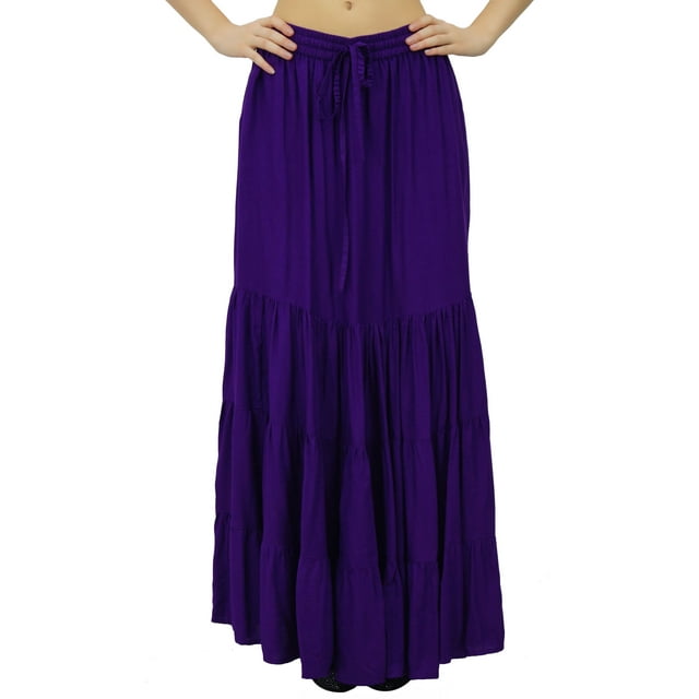 Bimba Boho Long Flaired Maxi Tier Skirt Elastic Waist Rayon Bohemian Skirts