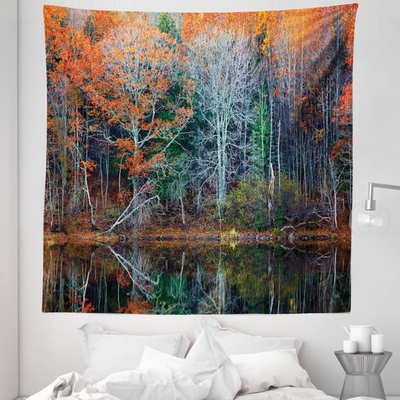 Fall Tapestry, Forest with Tree Reflections over the Lake Rural Forest Scenic Nature Concept, Fabric Wall Hanging Decor for Bedroom Living Room Dorm, 5 Sizes, Brown and Red, by Ambesonne