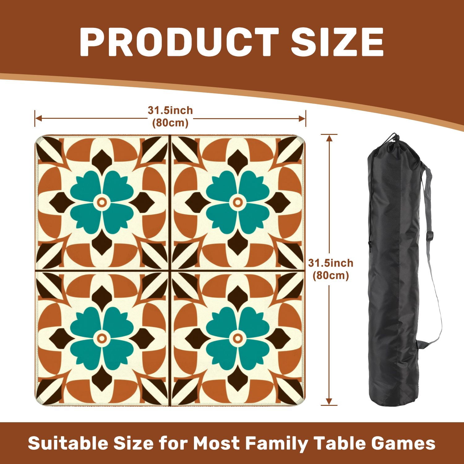 Mahjong Mat 31.5" x 31.5" Retro Floral Geometric Teal Brown Accents Non-Slip Noise Reduction American Mahjong Tiles Table Cover for Dominoes Poker Card Board Games Gift