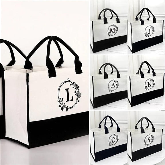 Ohmyroo Canvas Letter Beach Handbag 16.5x12.5x5.9in High Capacity Fashion Shopping Tote Reusable Heavy Duty Washable Carrier