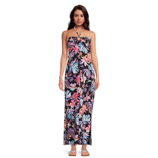 No Boundaries Juniors Tropical Floral Halter Maxi Dress - Walmart.com