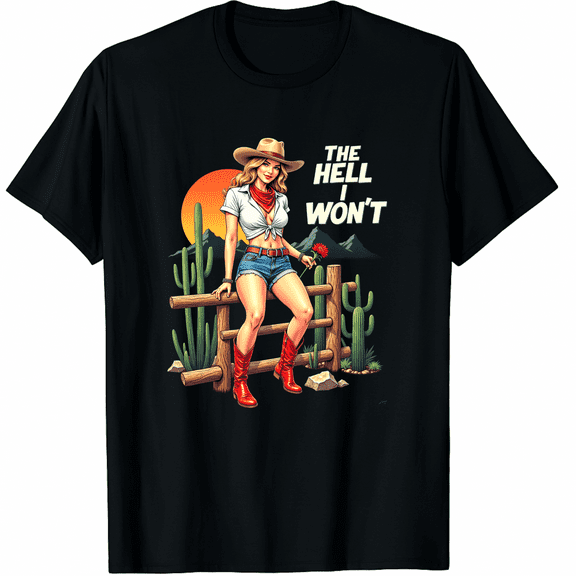 Retro Vintage Cowgirl The Hell I Won't Graphic Black T-Shirt for Men and Women