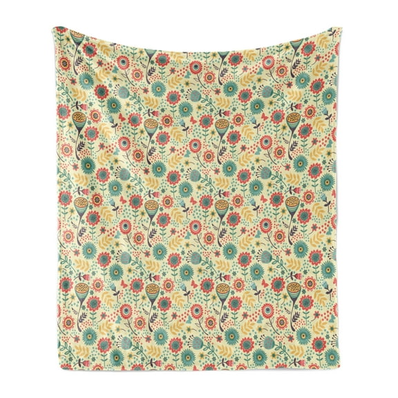 Floral Soft Flannel Fleece Throw Blanket, Bunch of Flower Gentle Bouquet Botany Garden Leaves Foliage Modern Illustration, Cozy Plush for Indoor and Outdoor Use, 50" x 60", Multicolor, by Ambesonne
