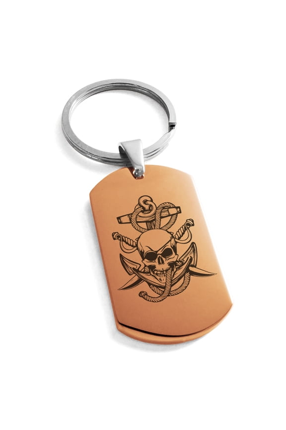 Stainless Steel Pirate Skull Anchor & Sabers Engraved Dog Tag Keychain Keyring