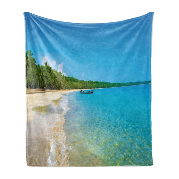 Seashore Soft Flannel Fleece Throw Blanket, Caribbean Palm Trees with Small Boat and Calm Waves, Cozy Plush for Indoor and Outdoor Use, 60" x 80", Sky Blue Olive Green, by Ambesonne