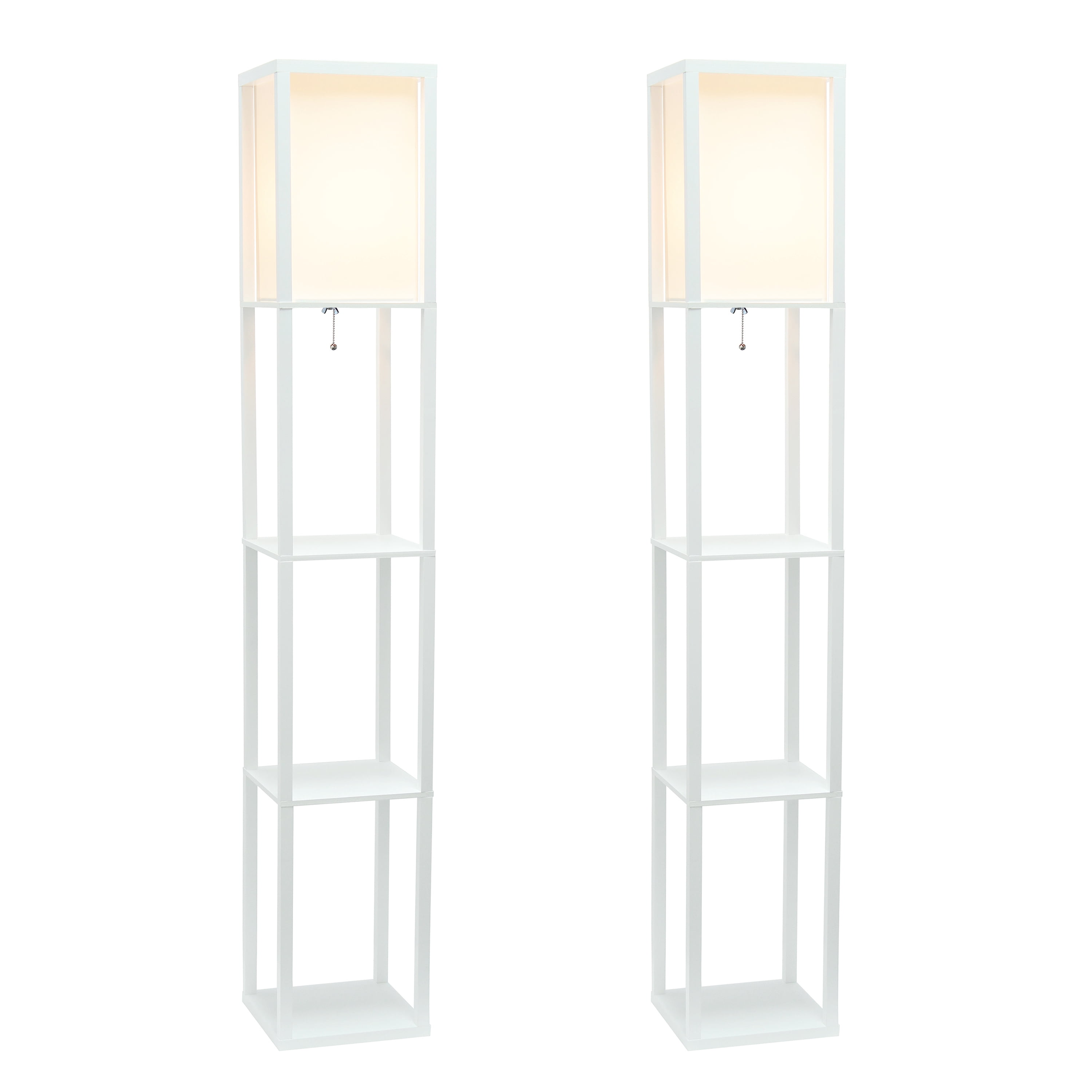 Simple Designs 62.5" Three Shelf Etagere Organizer Storage Floor Lamp 2 Pack Set with White Linen Shade for Living Room, Bedroom, Office, Hallway, White