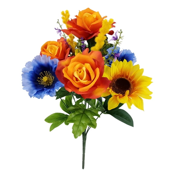 Mainstays 22in Outdoor Artificial Cemetery Floral Bouquet, Rose and Poppy, Orange and Blue Colors.