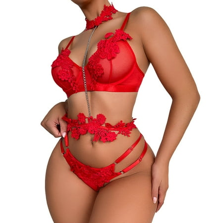 

Youmylove Women Embroidery Lace Metal Chain Halter Neck Mesh Set Chemise Lingerie Nightgown Nightie For Female