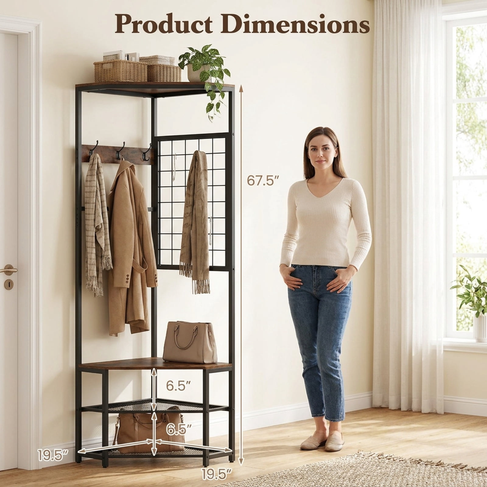 Furnibear Corner Freestanding Hall Tree Coat Rack with Storage Shelves and Removable Hooks for Entryway and Bedroom, Rustic Brown