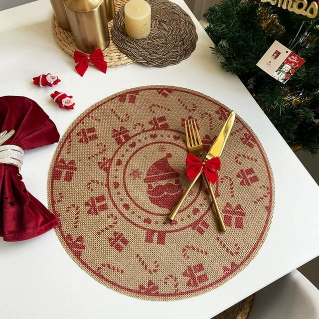 Mantel Individual Navideño Redondo Tejido de Nailon Rojo con Diseño de Reno y Copos de Nieve, 14,9 Pulgadas, Resistente Al Calor, Protector de Mesa Festivo, Tapete de Cocina para Reuniones Familiares